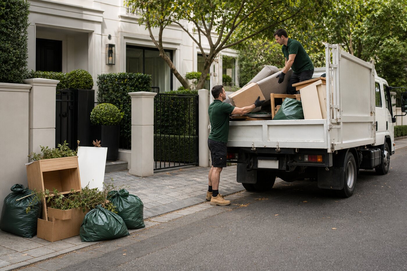 Rubbish removal crew carefully loading mixed household rubbish into a clean light truck outside a Toorak style Melbourne townhouse