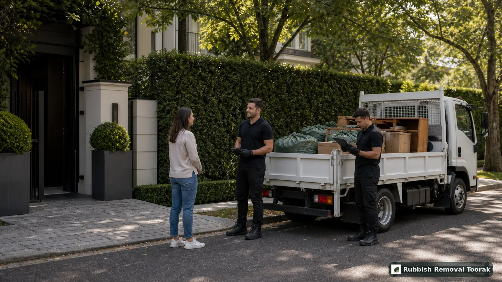 Contact Toorak Hard Rubbish team beside a loaded truck outside a local home