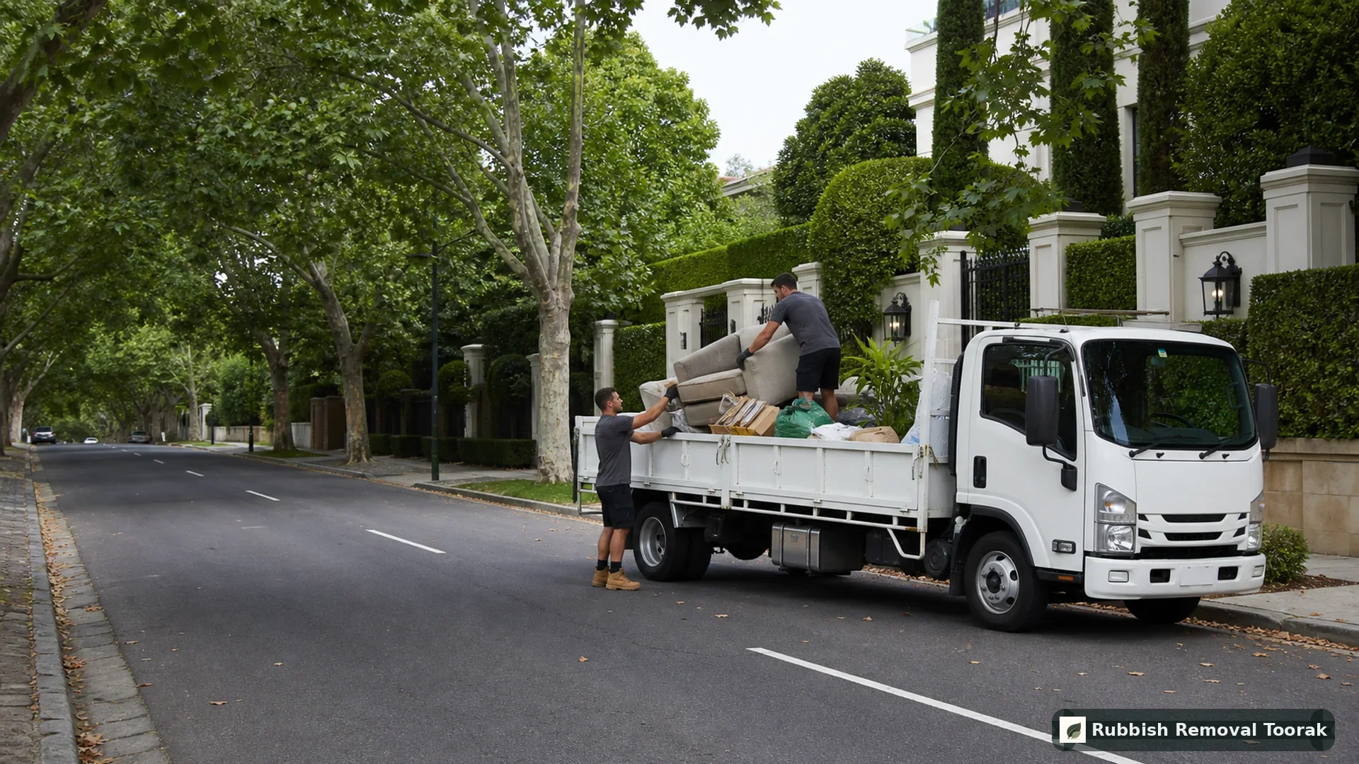 Clean Australian rubbish removal crew loading household items into a white tipper truck on a leafy Toorak residential street
