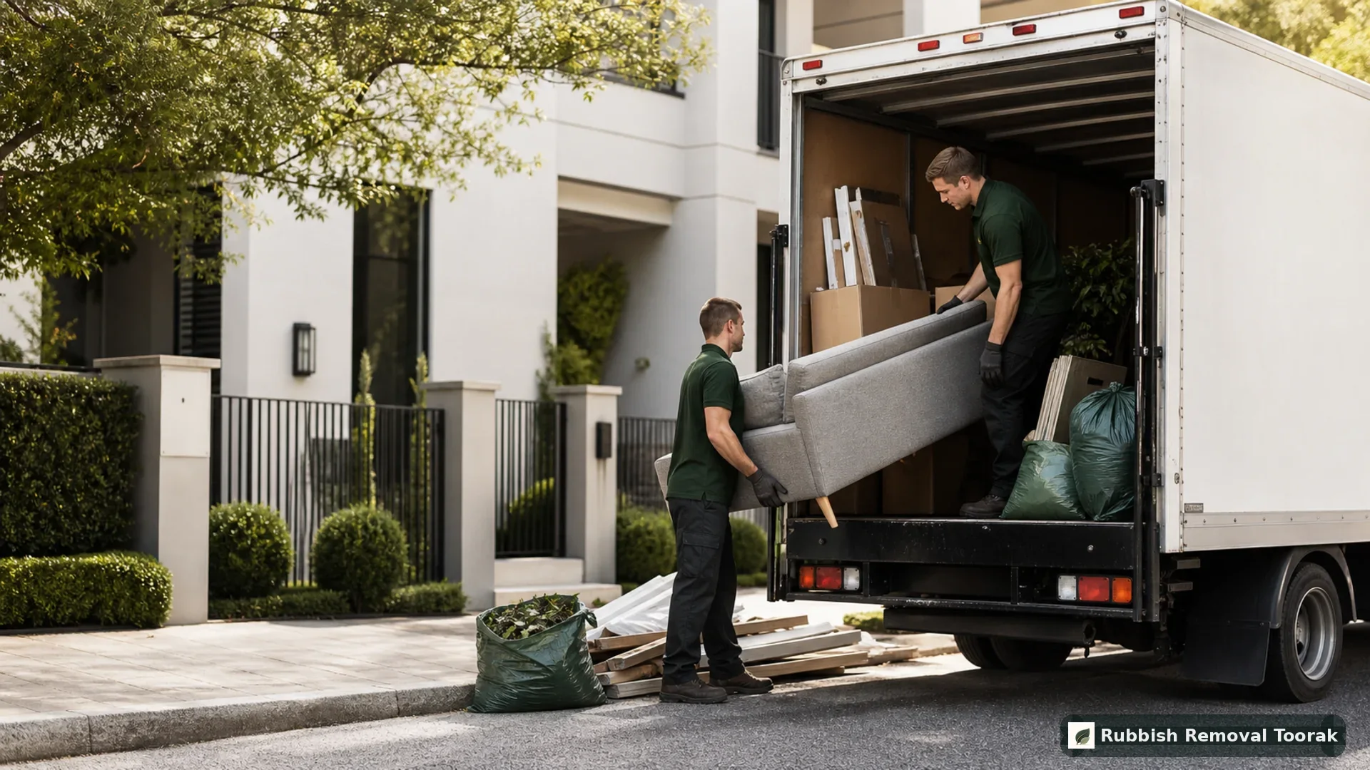 Clean rubbish removal truck loading mixed household junk outside a Toorak home