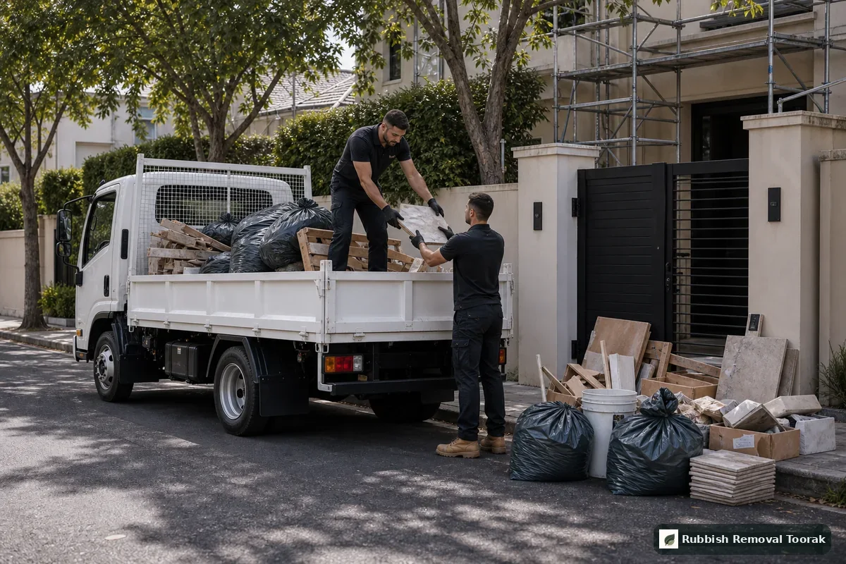 Construction waste removal in Toorak with timber and building material loaded into a truck