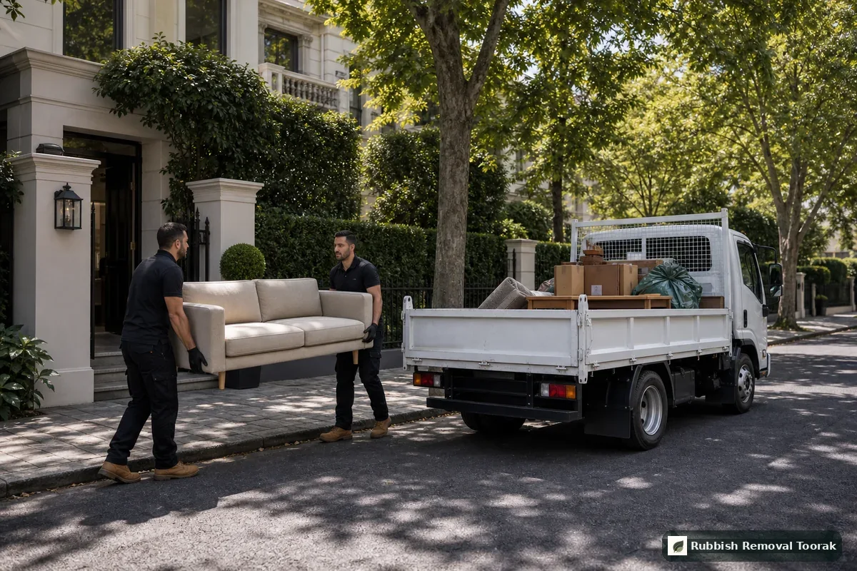 Couch removal in Toorak with a sofa carried carefully to a local truck