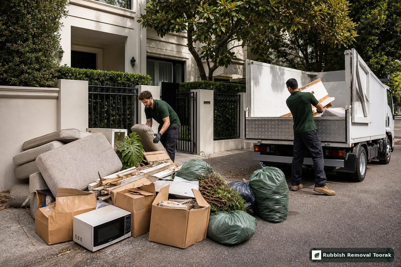 Rubbish removal crew sorting mixed household junk, garden waste, cardboard, and renovation debris outside a Toorak townhouse