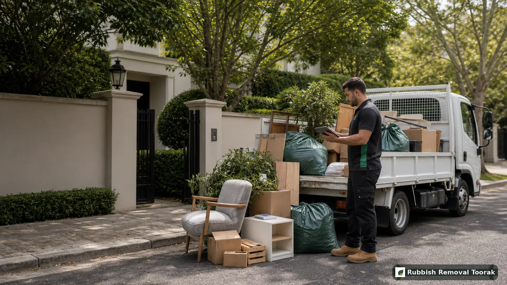 Transparent rubbish removal pricing scene with loaded light truck in Toorak