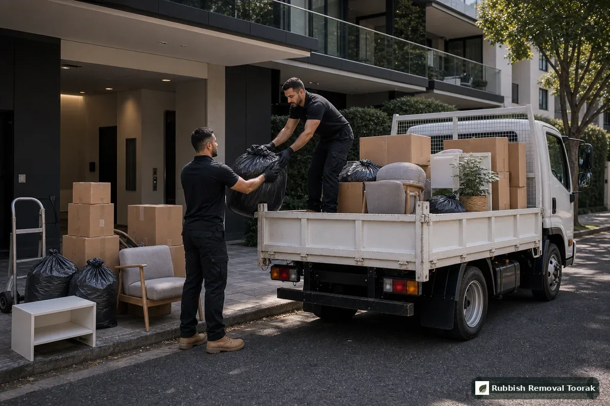 Apartment rubbish removal in Toorak with boxes and bagged rubbish collected from a loading bay