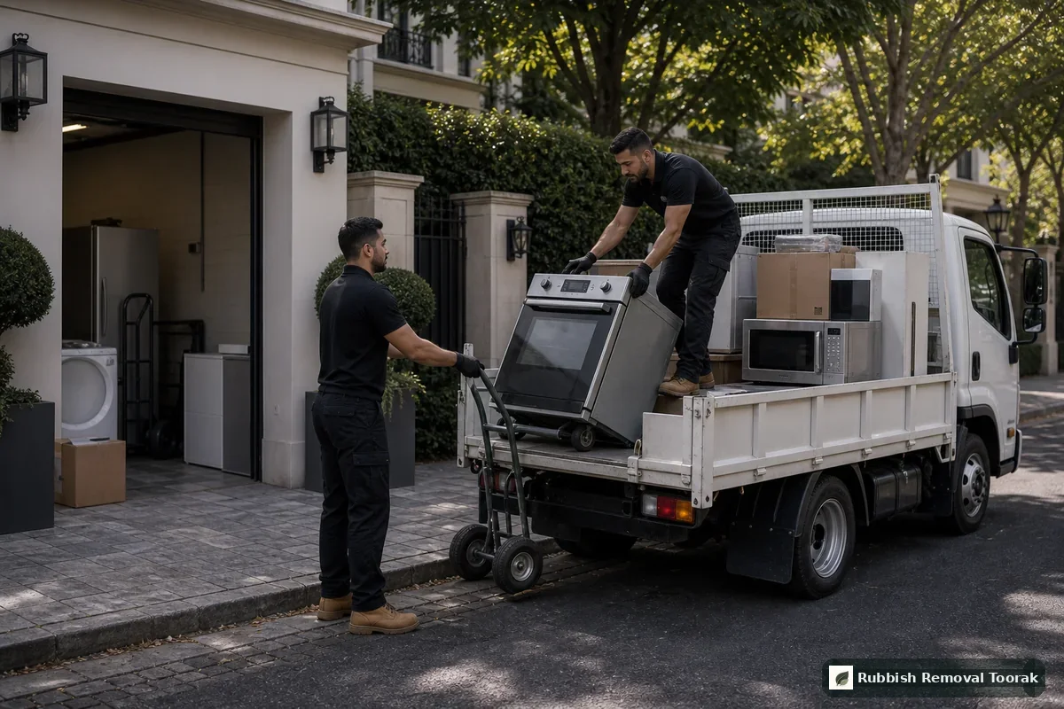 Appliance removal in Toorak with kitchen appliances loaded safely by workers
