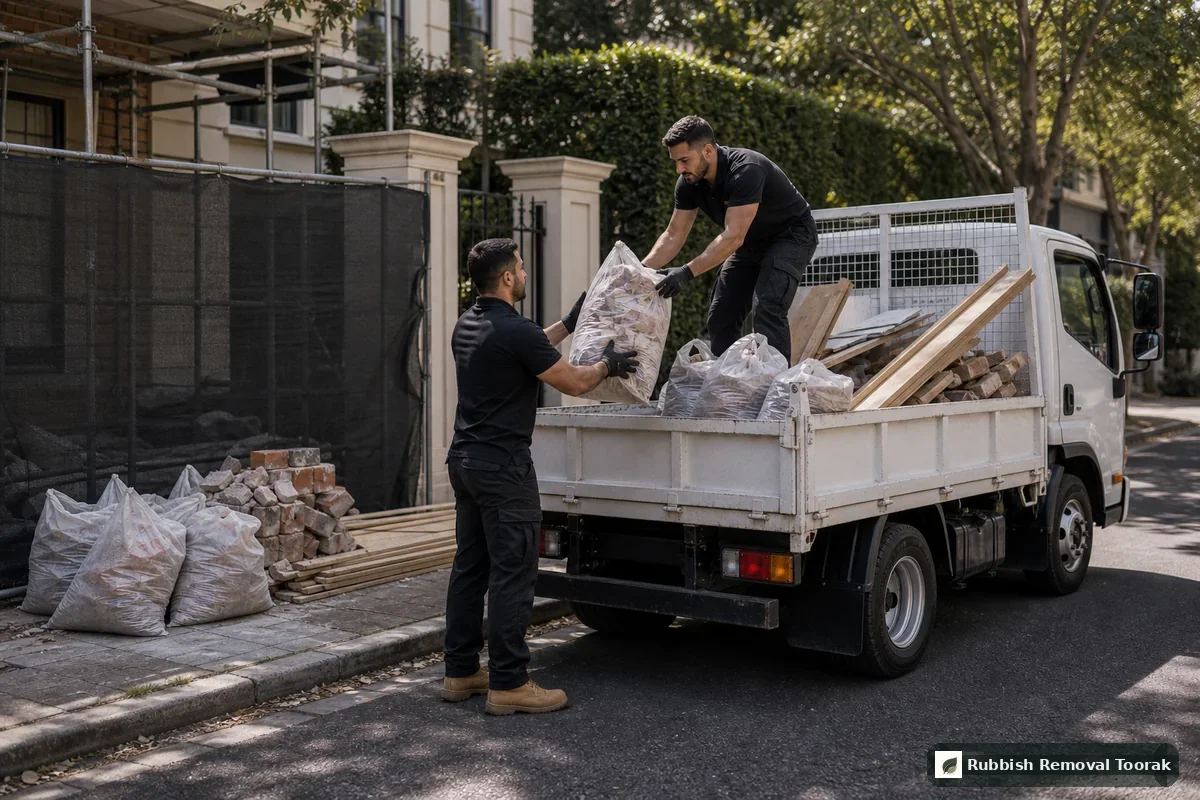 Building waste removal in Toorak with bricks timber and rubble bags loaded into a truck