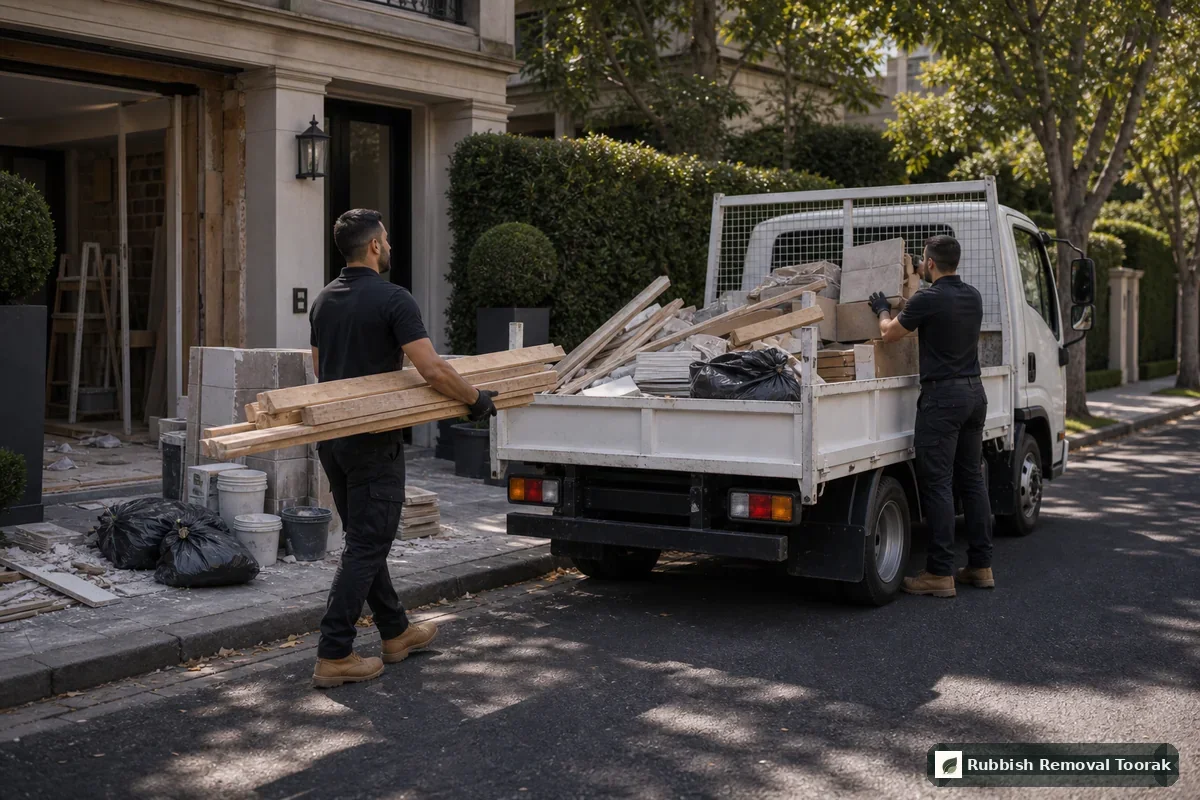 Construction waste removal in Toorak with timber and building material loaded into a truck