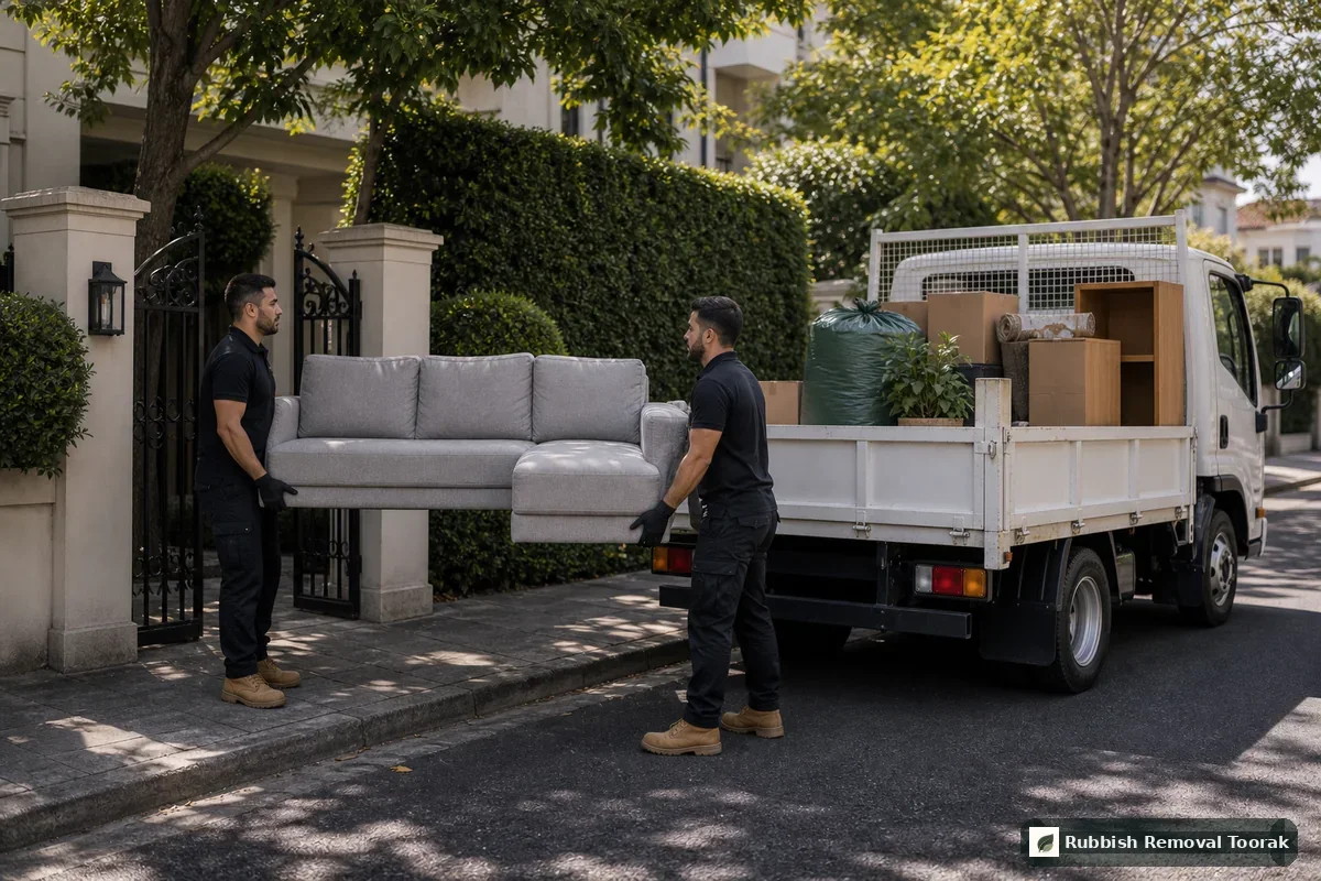 Couch removal in Toorak with a sofa carried carefully to a local truck
