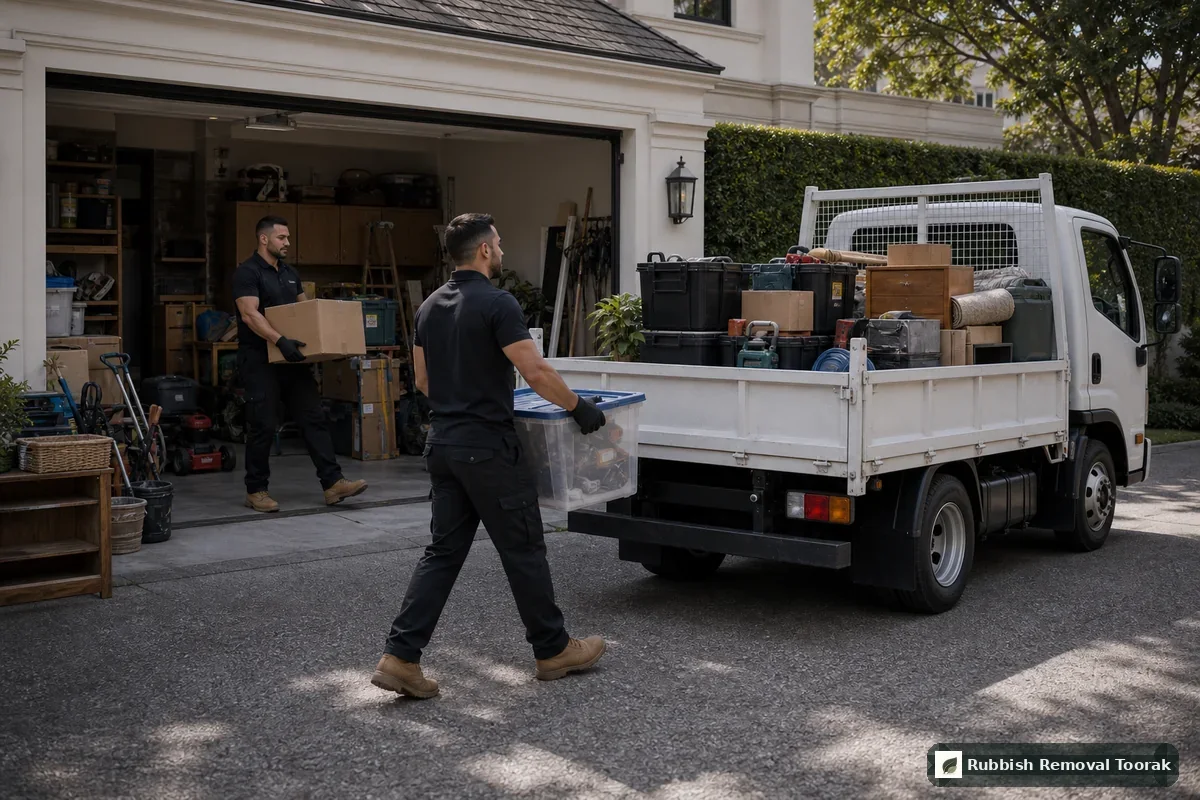 Garage clean out in Toorak with storage boxes and old items loaded from a driveway
