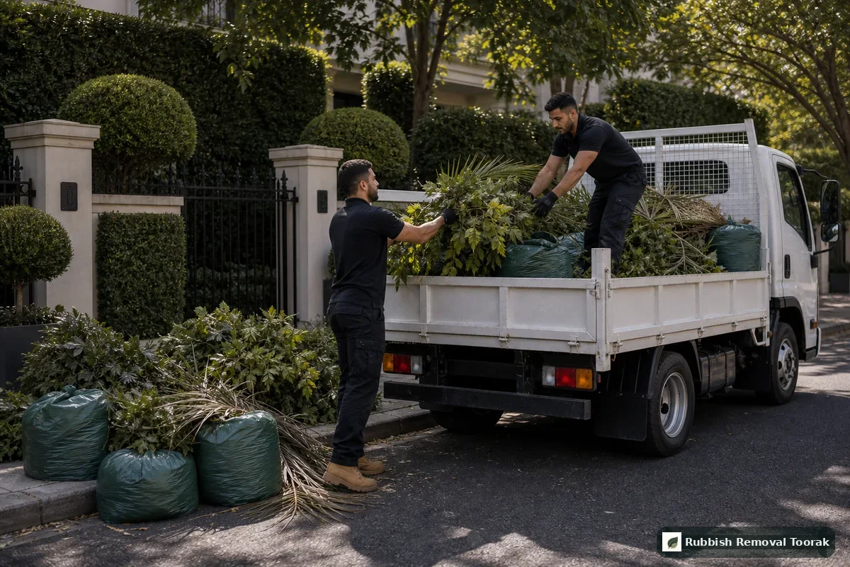 Green waste removal in Toorak with garden clippings and branches loaded into a truck