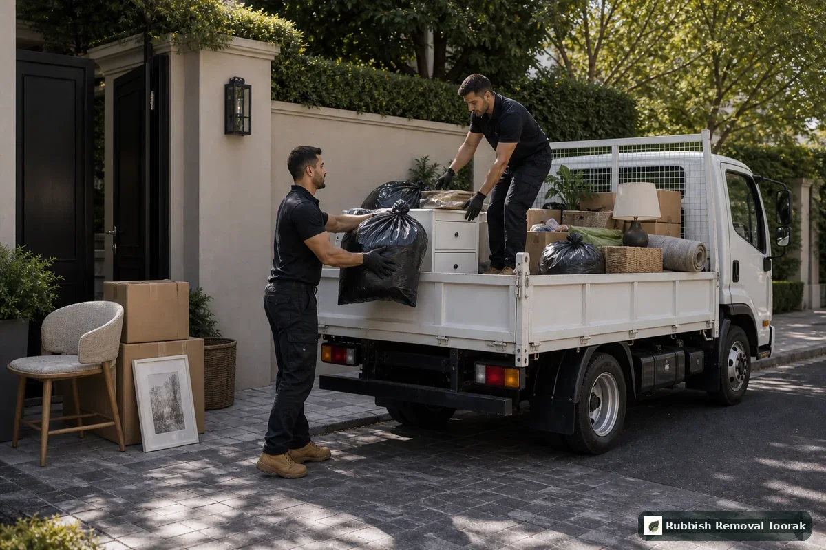 Household rubbish removal in Toorak with boxes and clutter loaded into a local truck