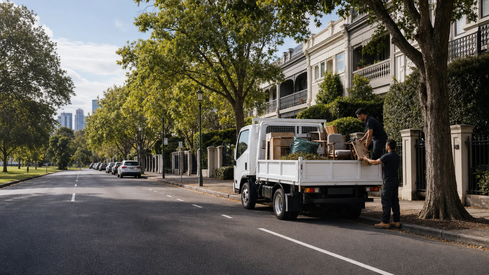 Rubbish removal Albert Park with local truck on a leafy heritage street