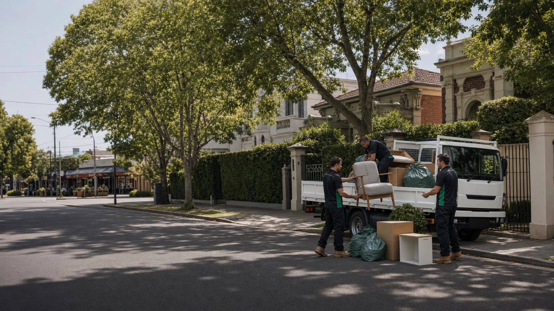 Rubbish removal Camberwell on a leafy family street with truck and workers