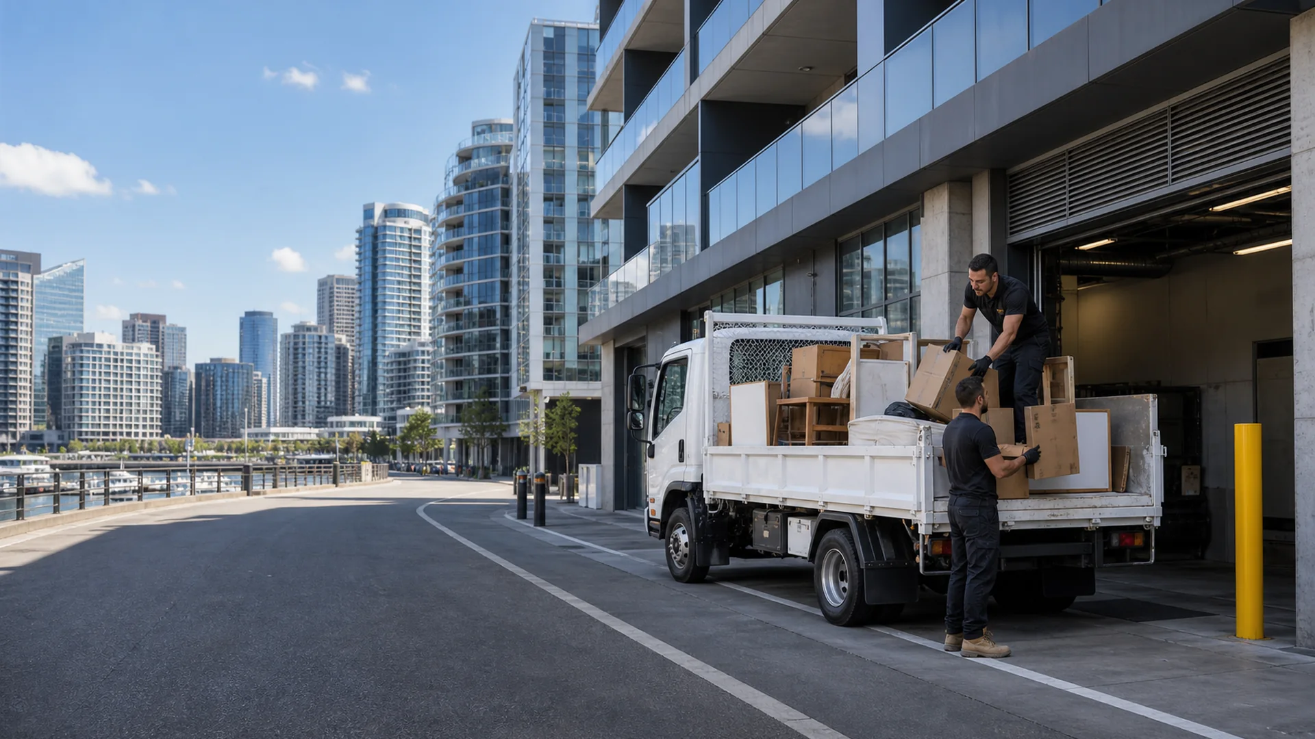 Rubbish removal Docklands at an apartment loading area with city towers