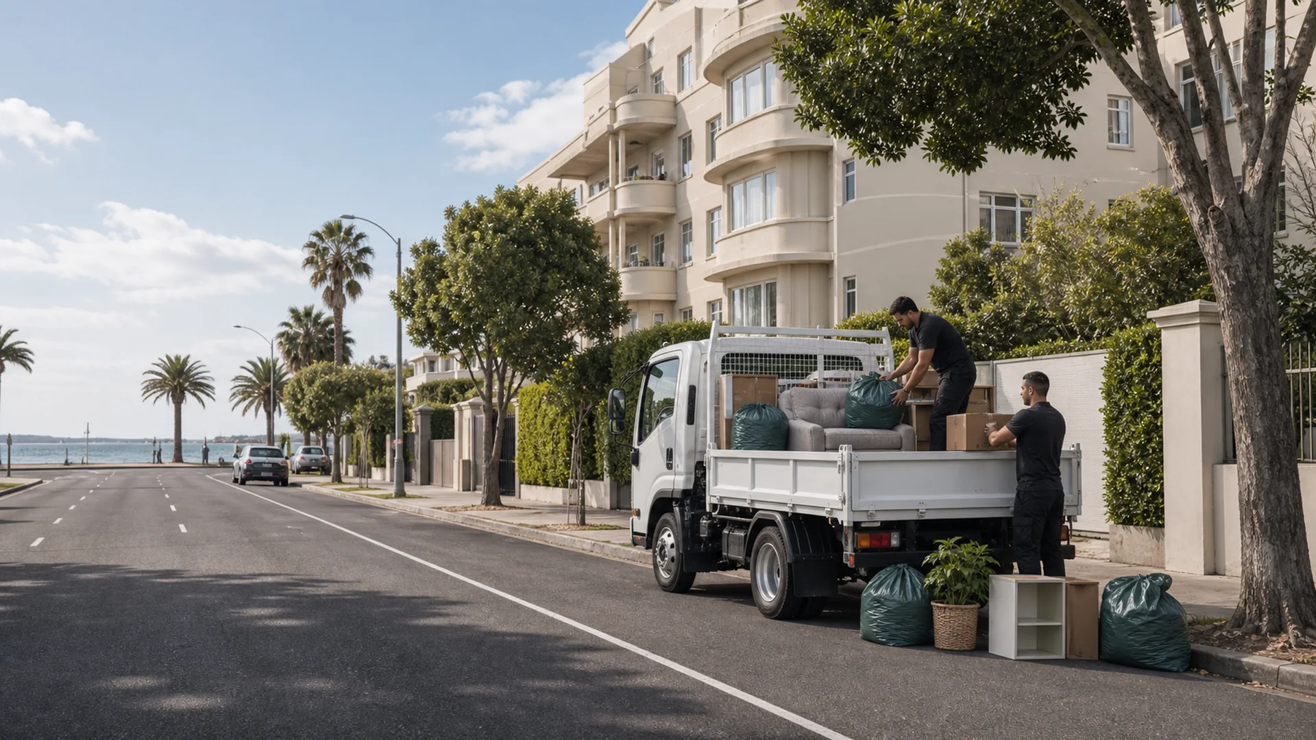 Rubbish removal Elwood on a bayside apartment street with local truck