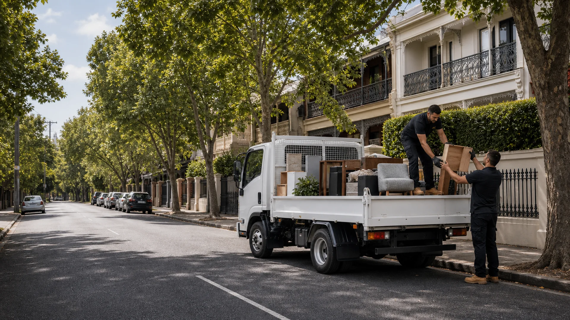 Rubbish removal Hawthorn with a truck beside Victorian terrace homes