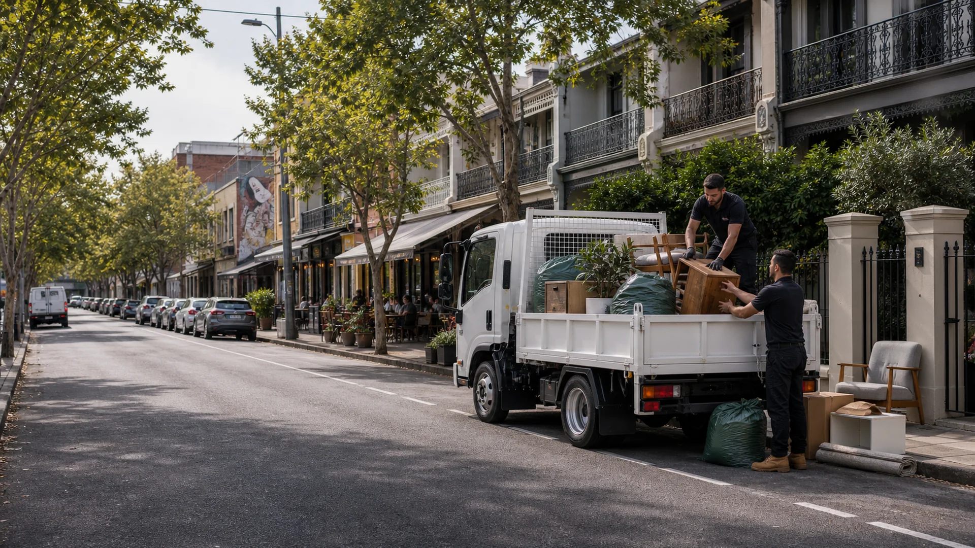Rubbish removal Prahran on an inner-south street with terraces and local truck