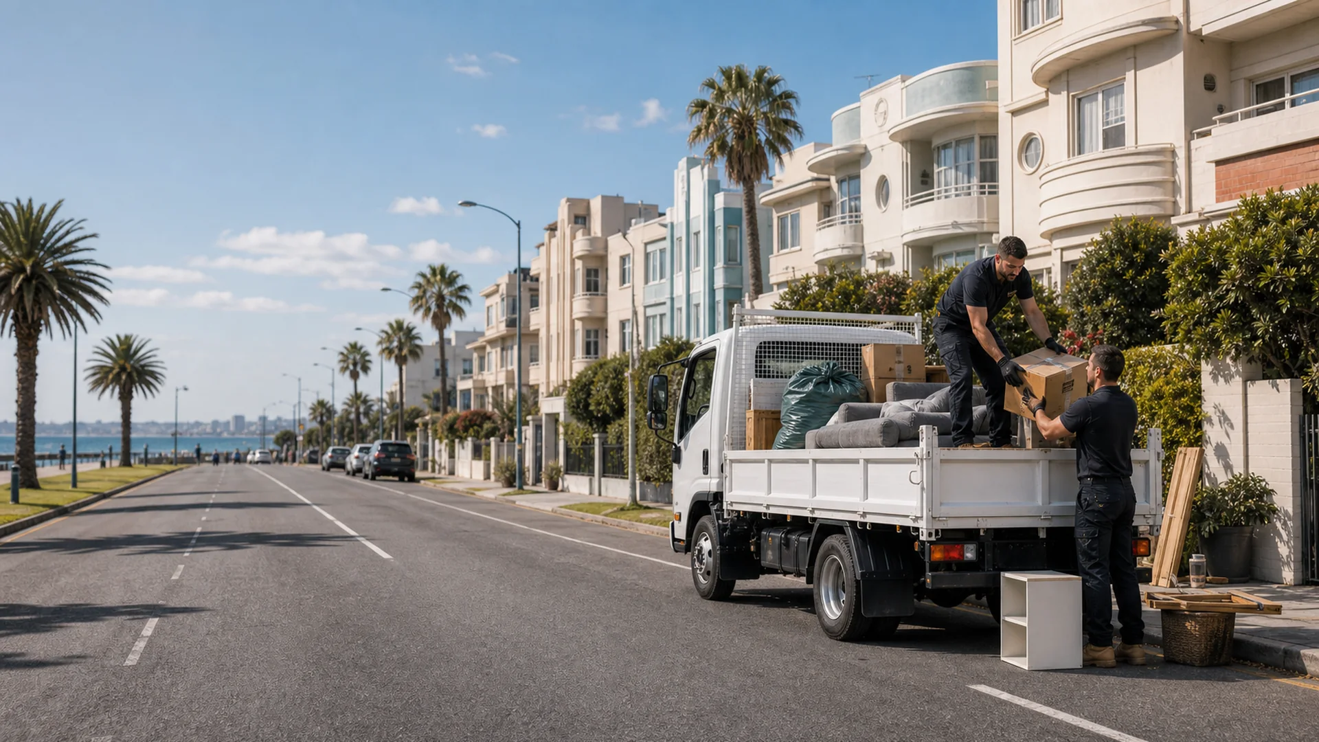 Rubbish removal St Kilda on a bayside street with art deco apartments